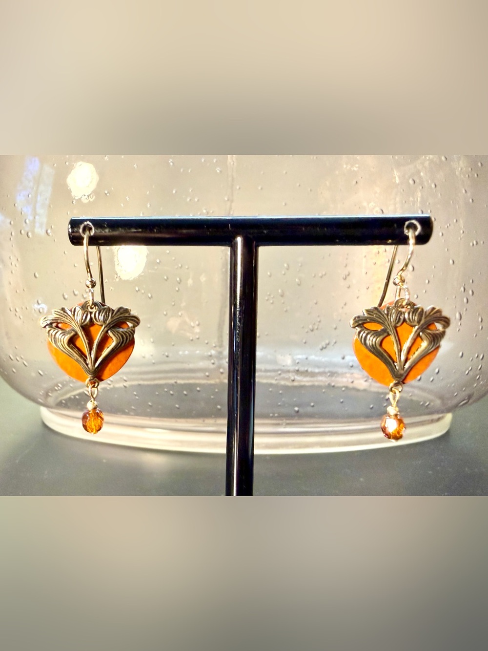 Rare Vintage Art Deco Inspired Brass Filigree Floral Motif Dangle Earrings